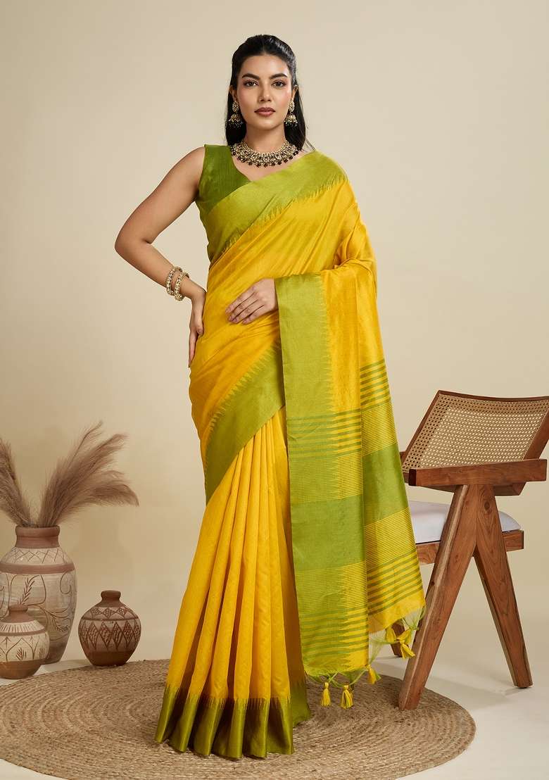 Yellow Woven Art Silk Saree Set for Diwali and Festive Wear - Indya