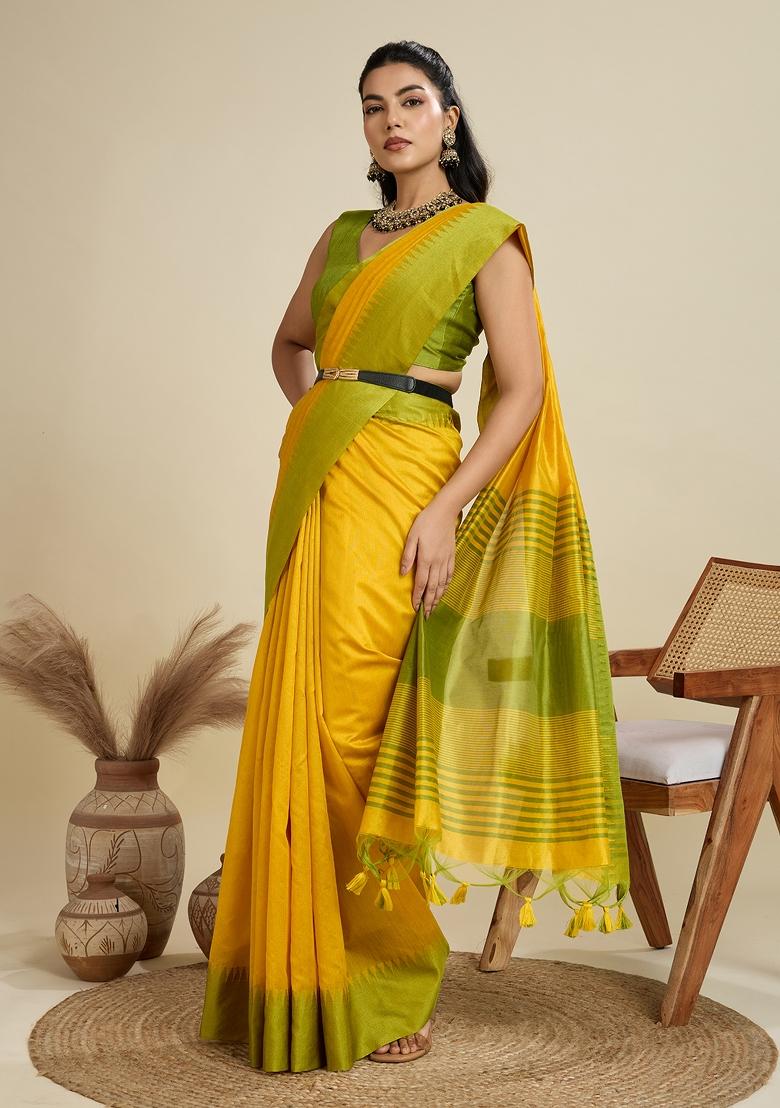 Yellow Woven Art Silk Saree Set - Indya