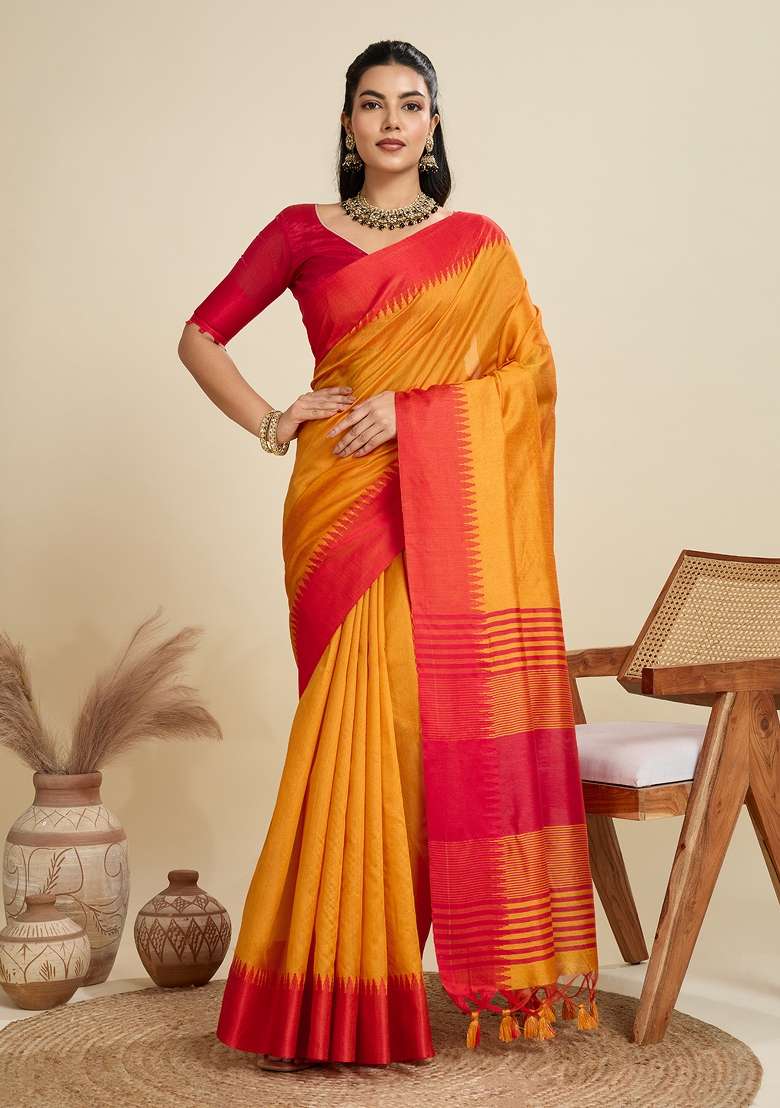 Mustard Woven Art Silk Saree Set for Diwali and Festive Wear - Indya