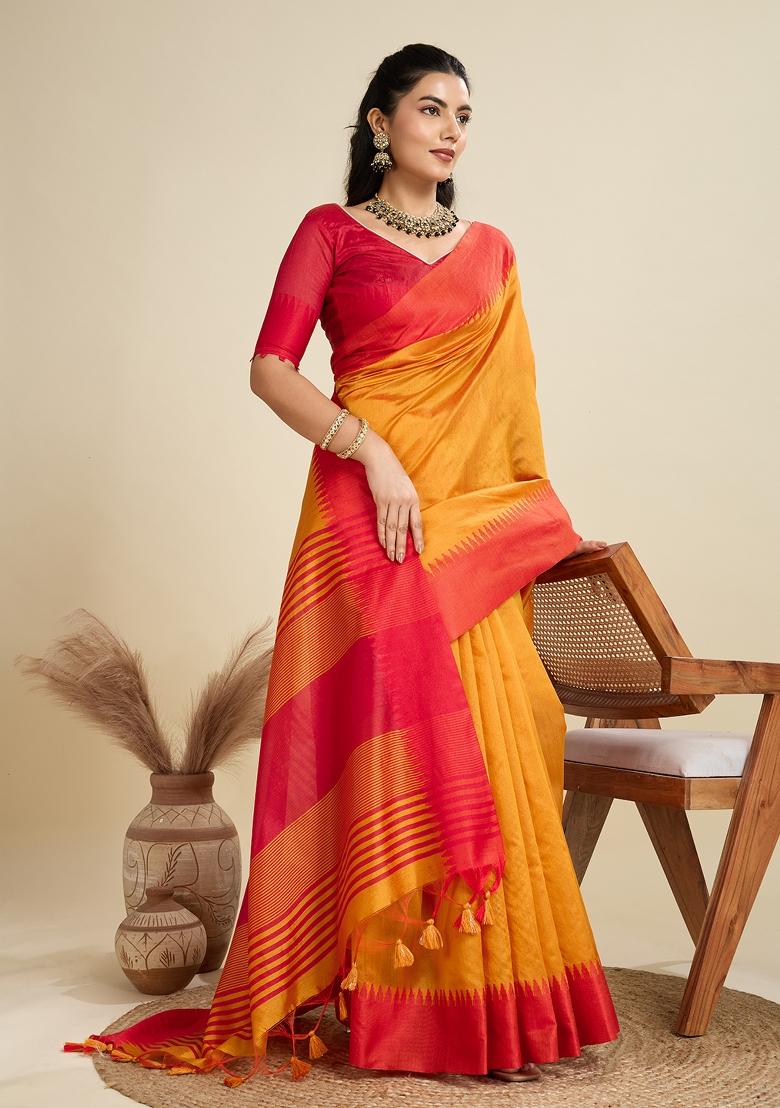 Mustard Woven Art Silk Saree Set - Indya