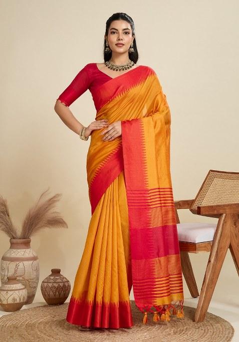 Mustard Woven Art Silk Saree Set