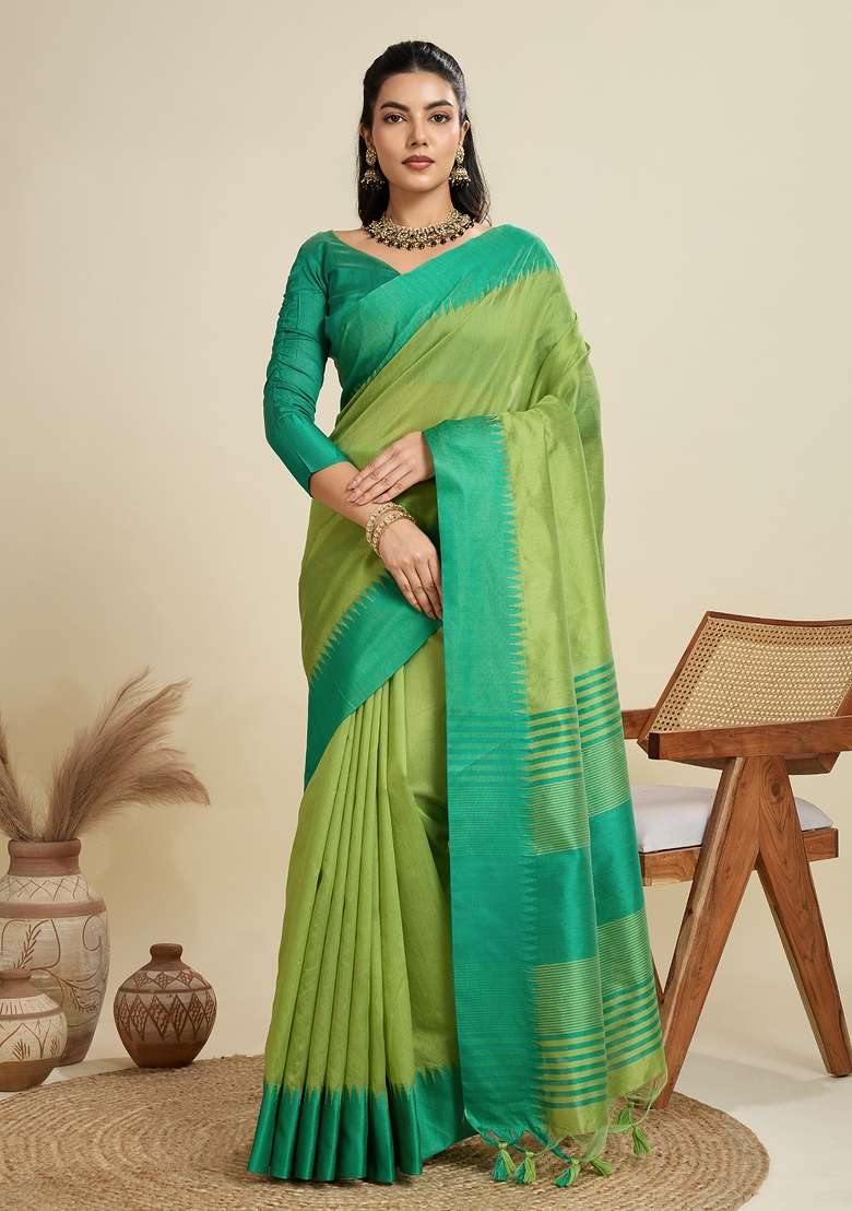 Green Woven Art Silk Saree Set for Diwali and Festive Wear - Indya