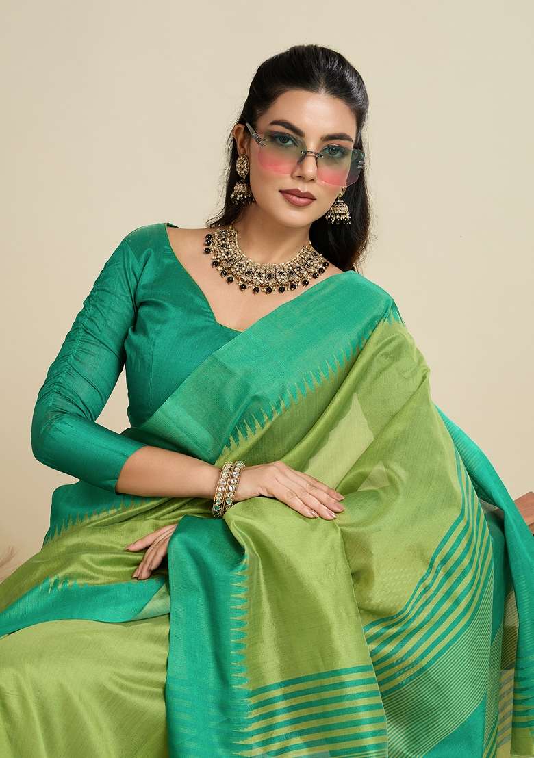 Green Woven Art Silk Saree Set for Diwali and Festive Wear - Indya