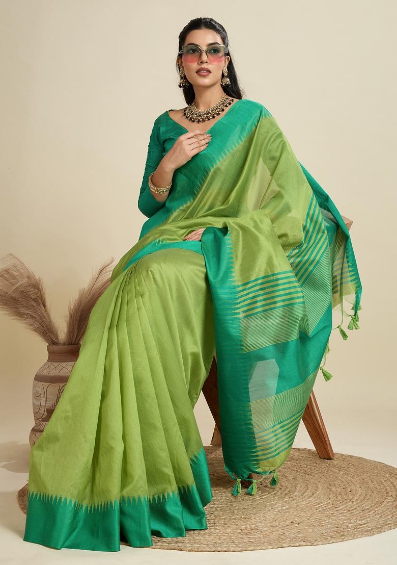 Green Woven Art Silk Saree Set - Indya