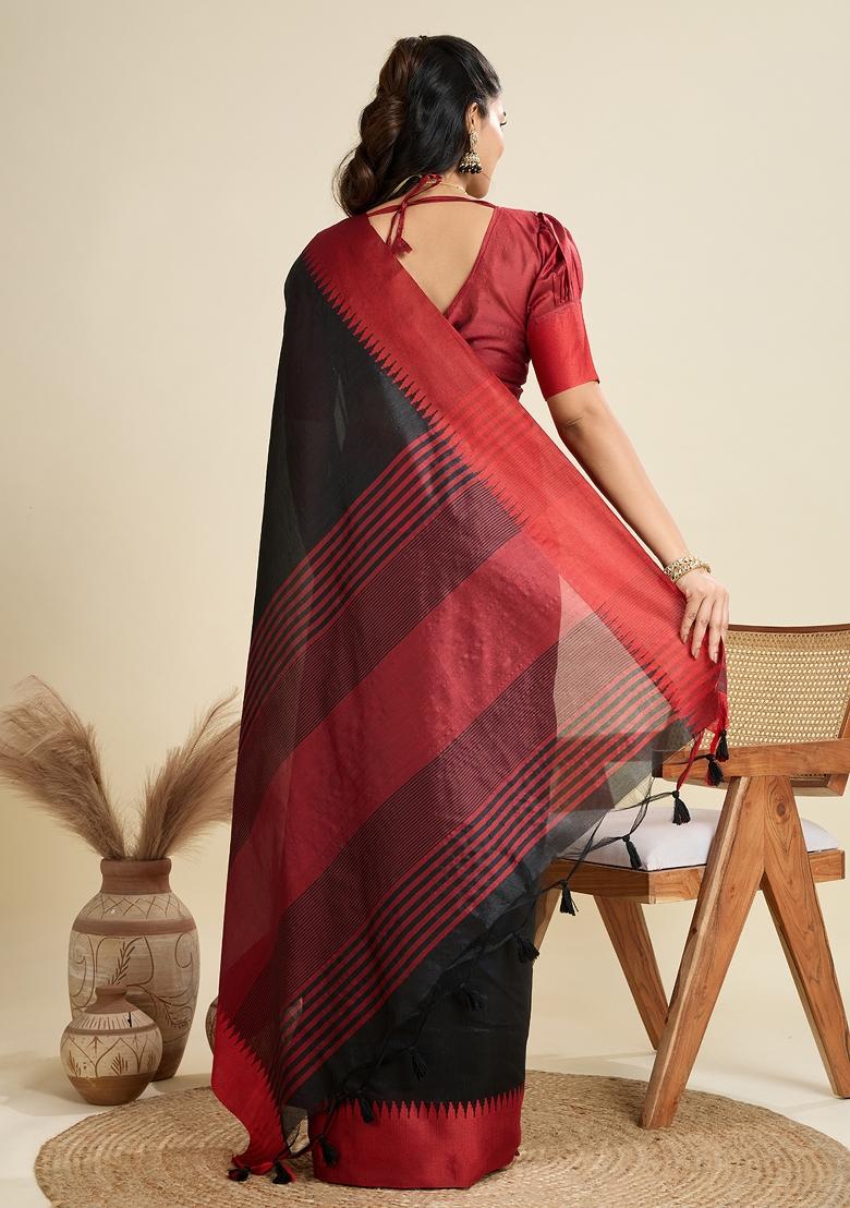 Black Woven Art Silk Saree Set - Indya