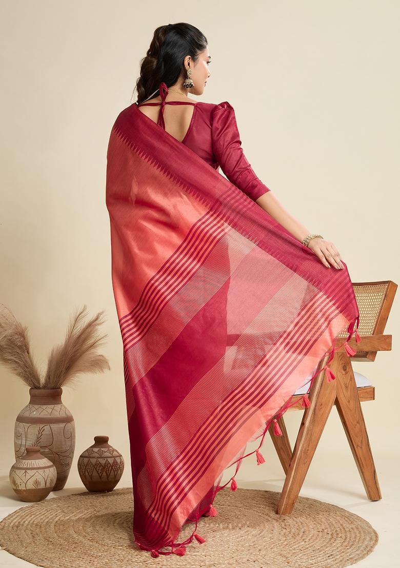 Peach Woven Art Silk Saree Set - Indya