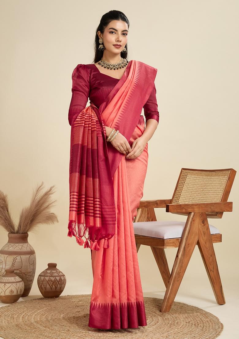 Peach Woven Art Silk Saree Set - Indya