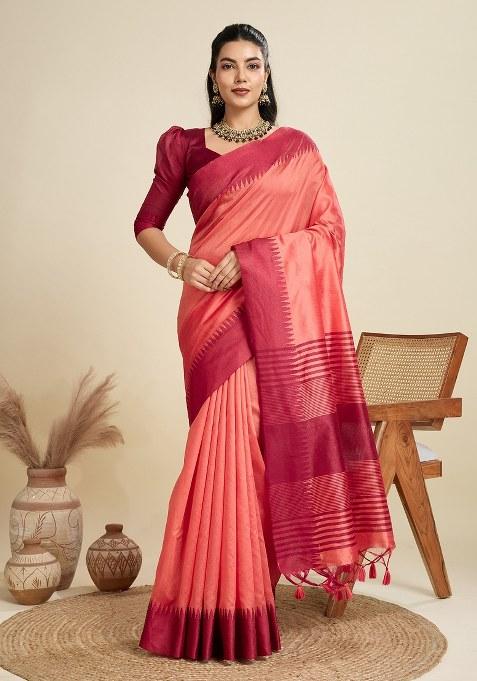 Peach Woven Art Silk Saree Set