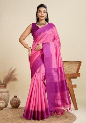 Pink Woven Art Silk Saree Set