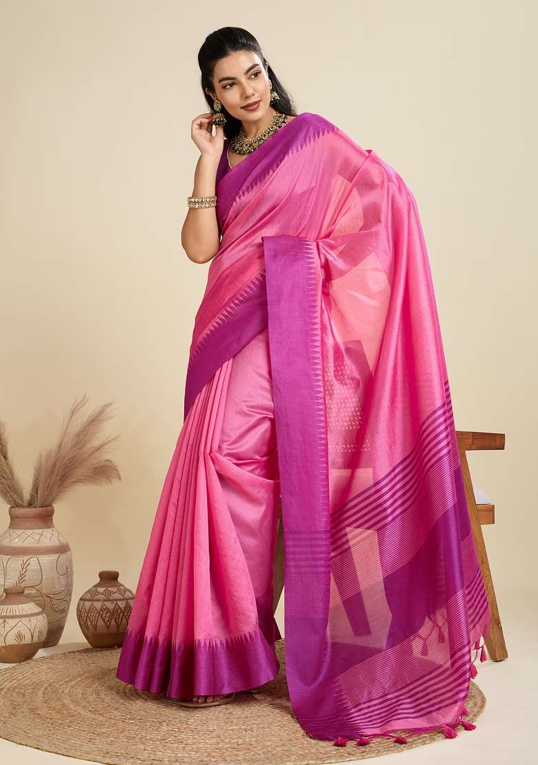 Pink Woven Art Silk Saree Set for Diwali | Wedding & Festive Wear - Indya