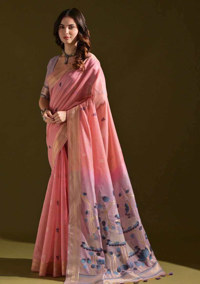 Pink Woven Blended Cotton Saree Set for Diwali and Festive Wear - Indya