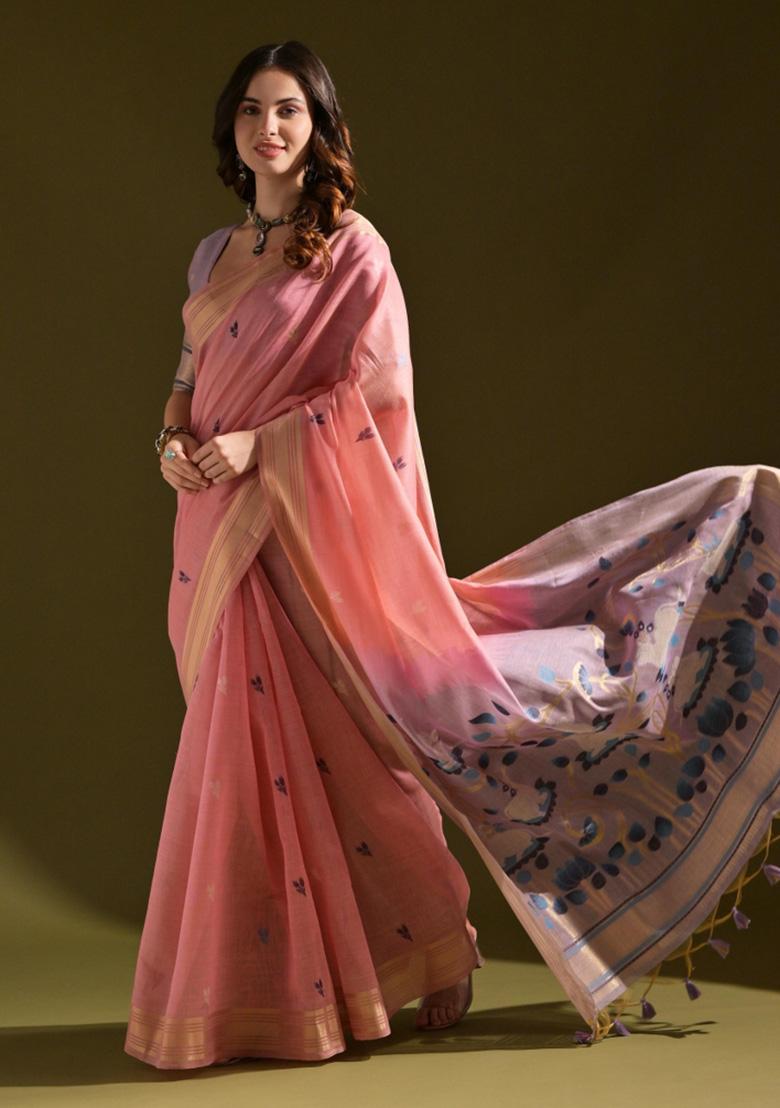 Pink Woven Blended Cotton Saree Set - Indya