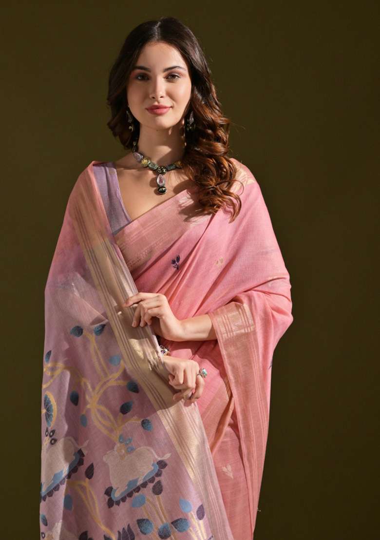 Pink Woven Blended Cotton Saree Set for Diwali and Festive Wear - Indya