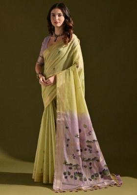 Green Woven Blended Cotton Saree Set