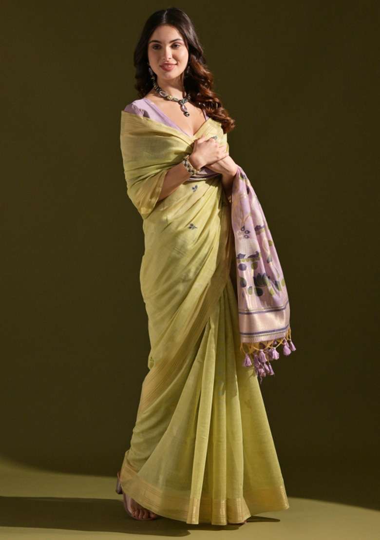 Green Woven Blended Cotton Saree Set for Diwali and Festive Wear - Indya