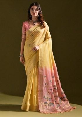 Mustard Woven Blended Cotton Saree Set