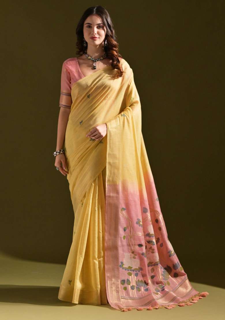 Mustard Woven Blended Cotton Saree Set for Diwali | Wedding & Festive Wear - Indya