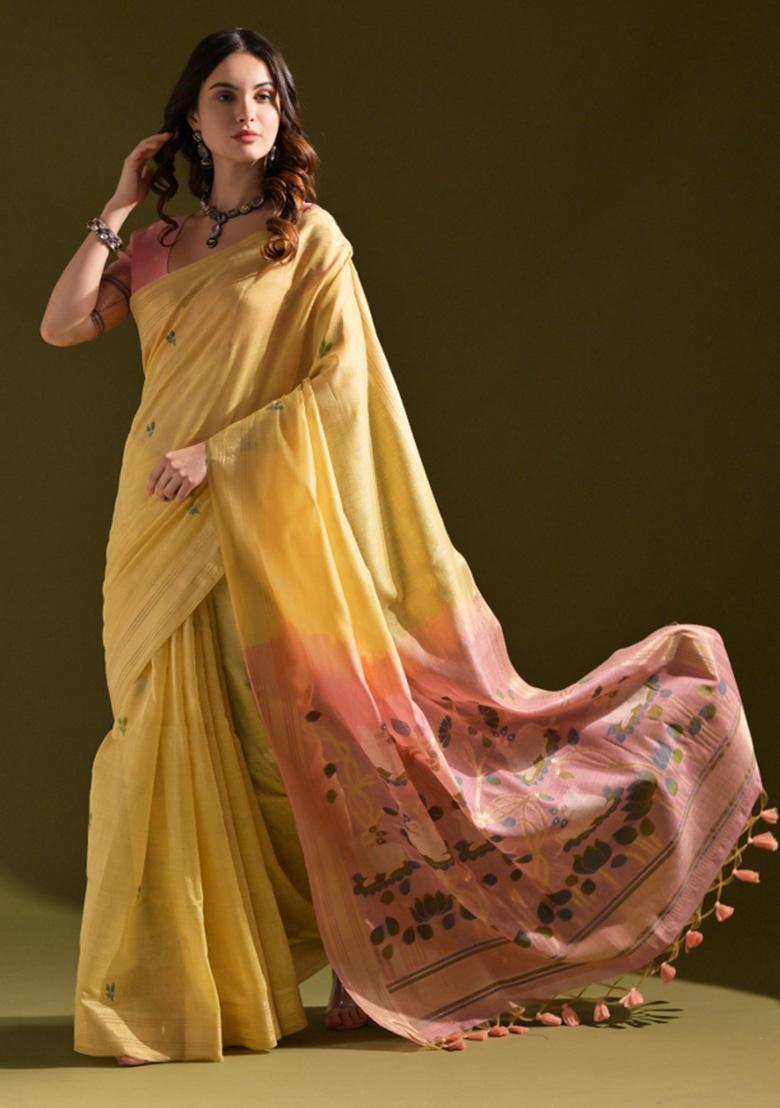 Mustard Woven Blended Cotton Saree Set - Indya