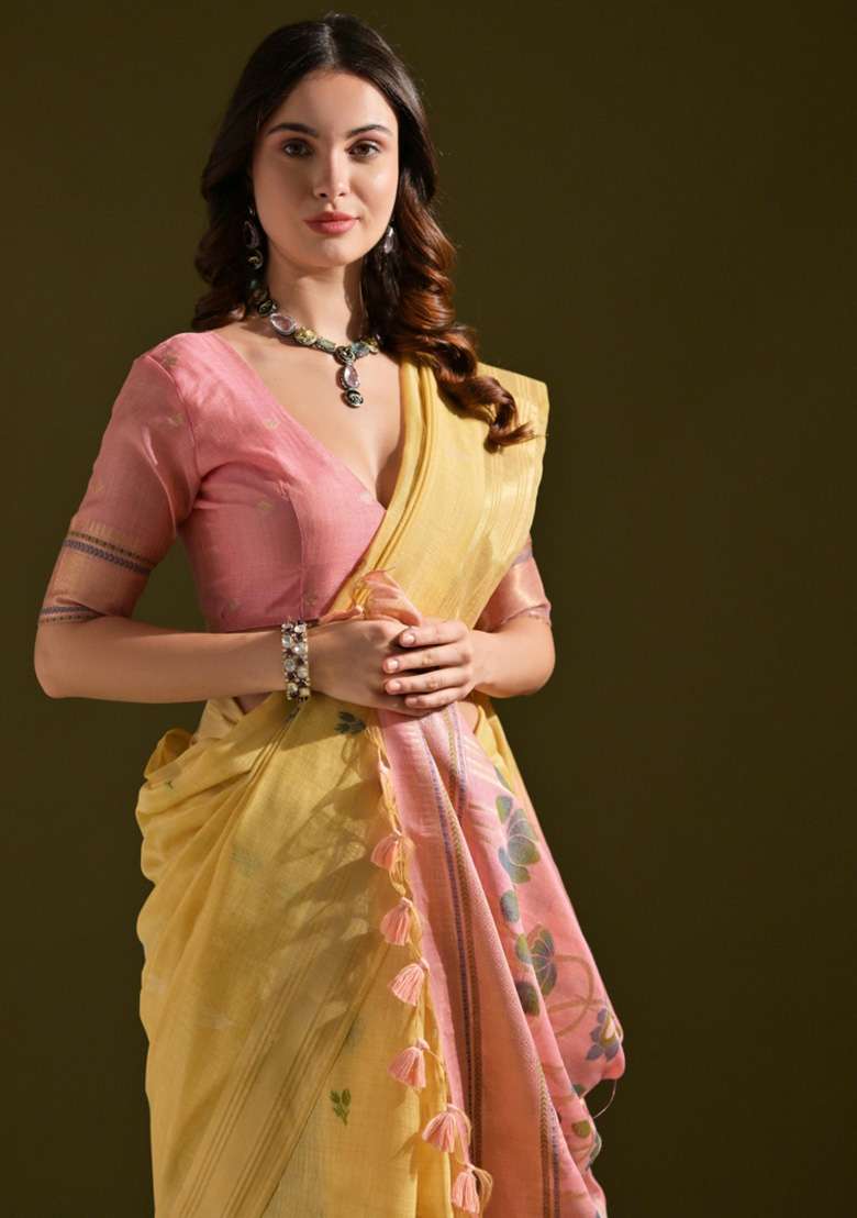 Mustard Woven Blended Cotton Saree Set for Diwali | Wedding & Festive Wear - Indya