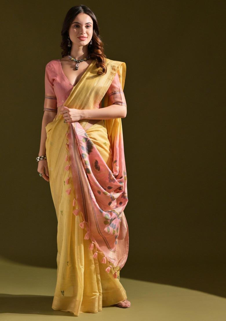 Mustard Woven Blended Cotton Saree Set - Indya