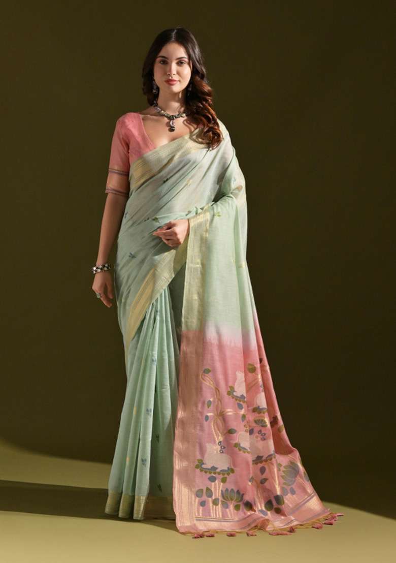 Sea Green Woven Blended Cotton Saree Set for Diwali | Wedding & Festive Wear - Indya