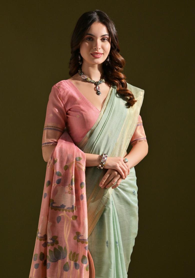 Sea Green Woven Blended Cotton Saree Set - Indya