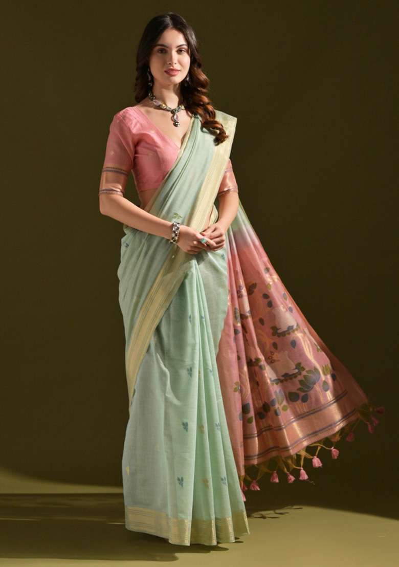 Sea Green Woven Blended Cotton Saree Set for Diwali | Wedding & Festive Wear - Indya