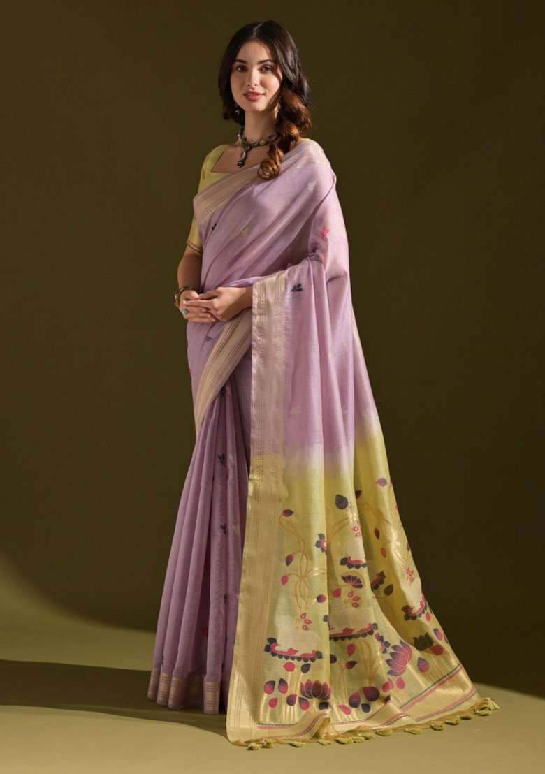 Lavender Woven Blended Cotton Saree Set for Diwali | Wedding & Festive Wear - Indya