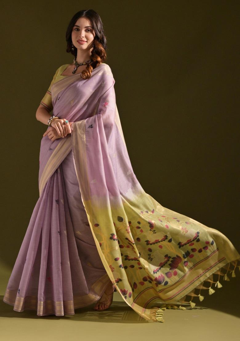 Lavender Woven Blended Cotton Saree Set - Indya