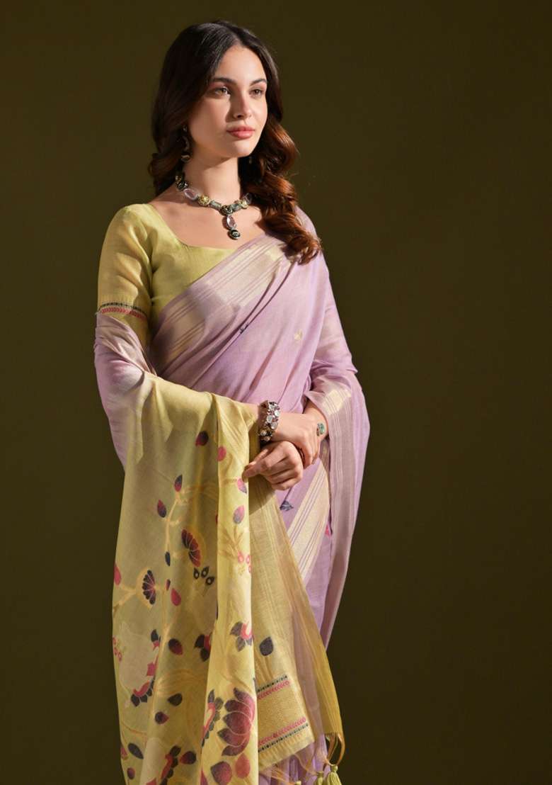 Lavender Woven Blended Cotton Saree Set for Diwali | Wedding & Festive Wear - Indya