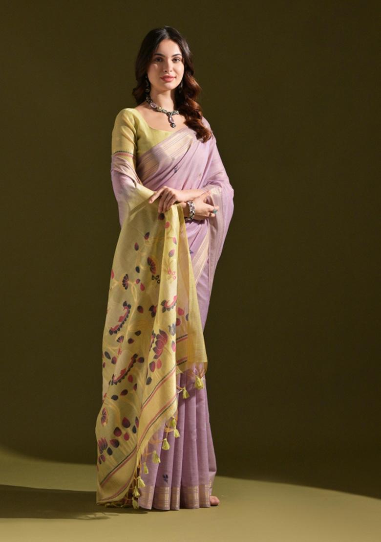 Lavender Woven Blended Cotton Saree Set - Indya