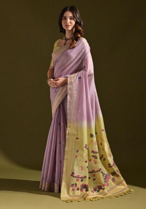 Lavender Woven Blended Cotton Saree Set