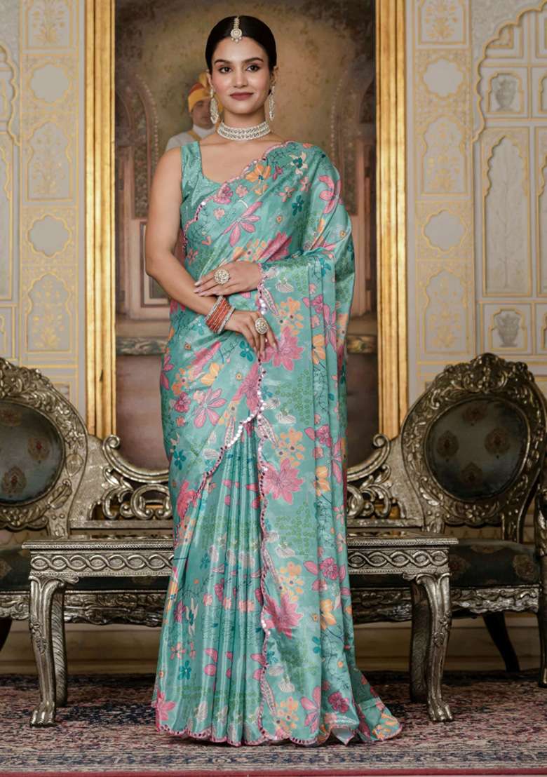 Sea Green Chiffon Saree Set with Printed for Diwali | Wedding & Festive Wear - Indya