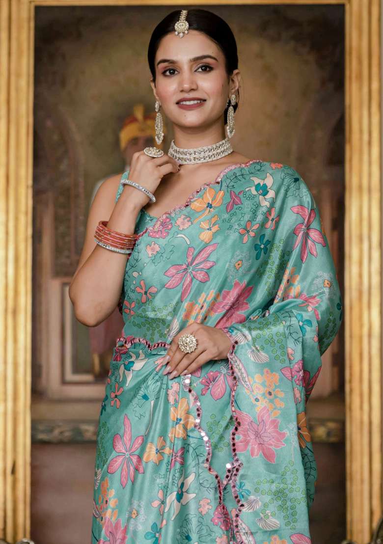 Sea Green Chiffon Saree Set with Printed for Diwali | Wedding & Festive Wear - Indya
