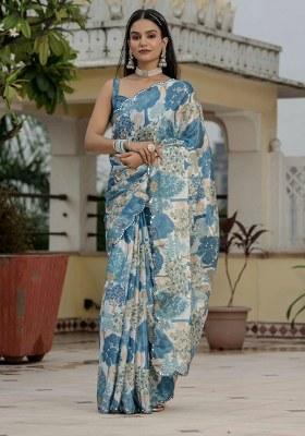 Blue Printed Chiffon Saree Set