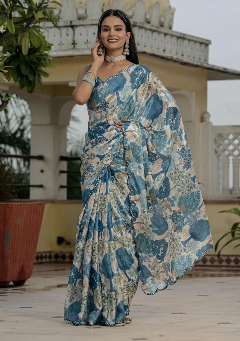 Blue Printed Chiffon Saree Set - Indya
