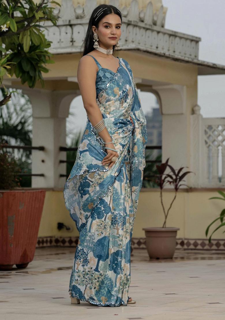 Blue Printed Chiffon Saree Set - Indya
