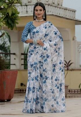 White Printed Chiffon Saree Set