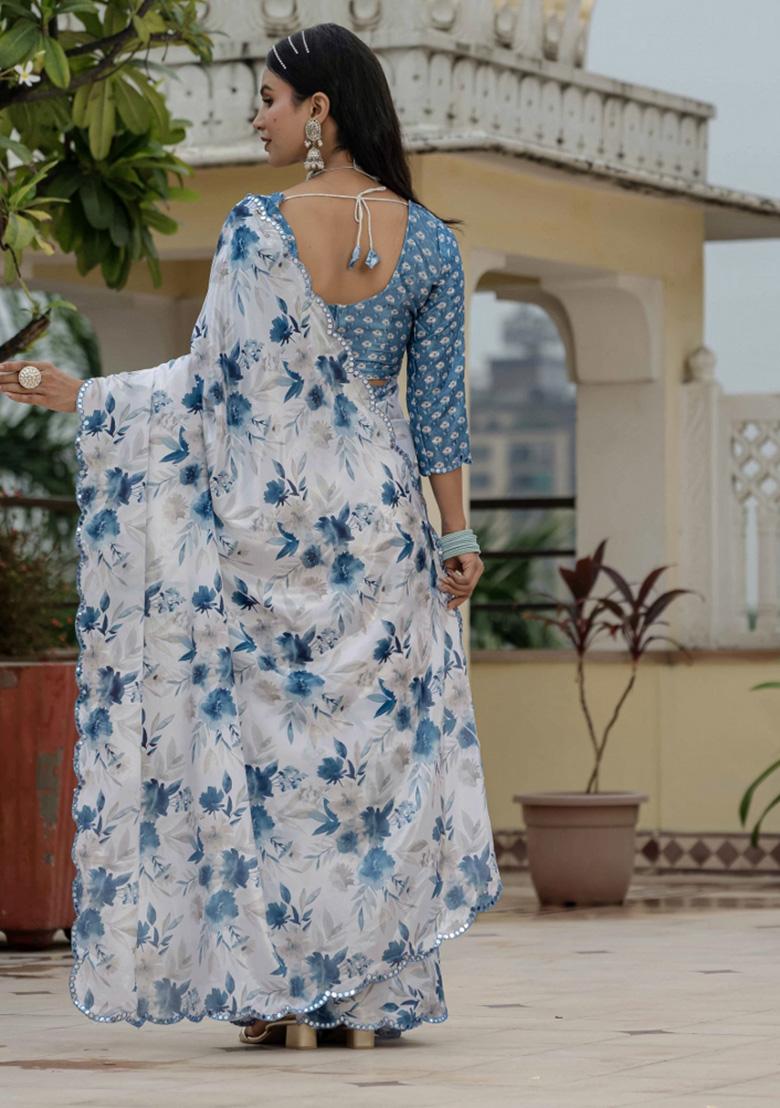 White Printed Chiffon Saree Set - Indya