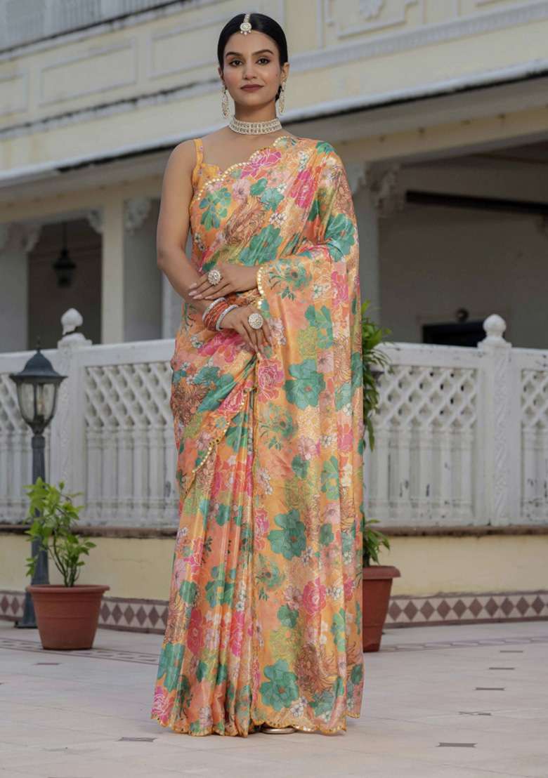 Orange Printed Chiffon Saree Set for Diwali and Festive Wear - Indya