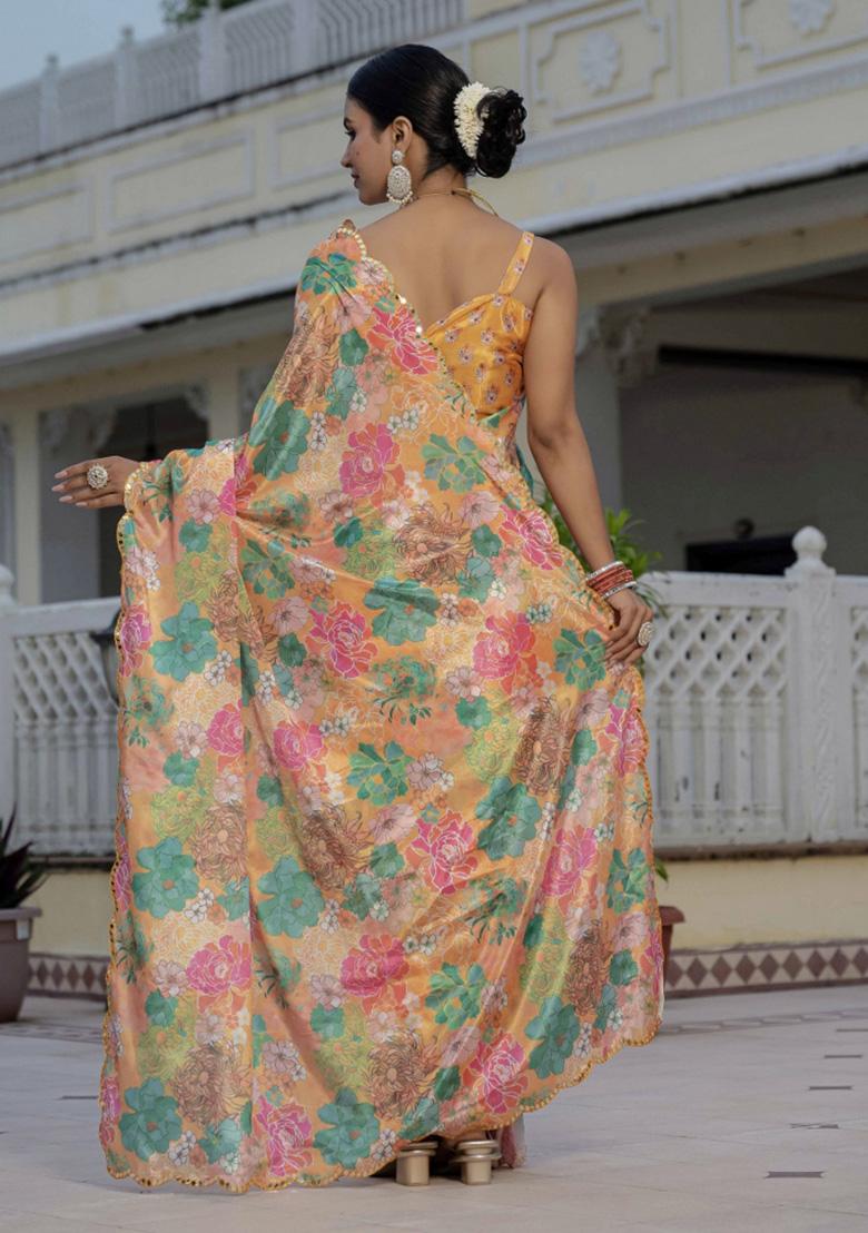 Orange Printed Chiffon Saree Set - Indya