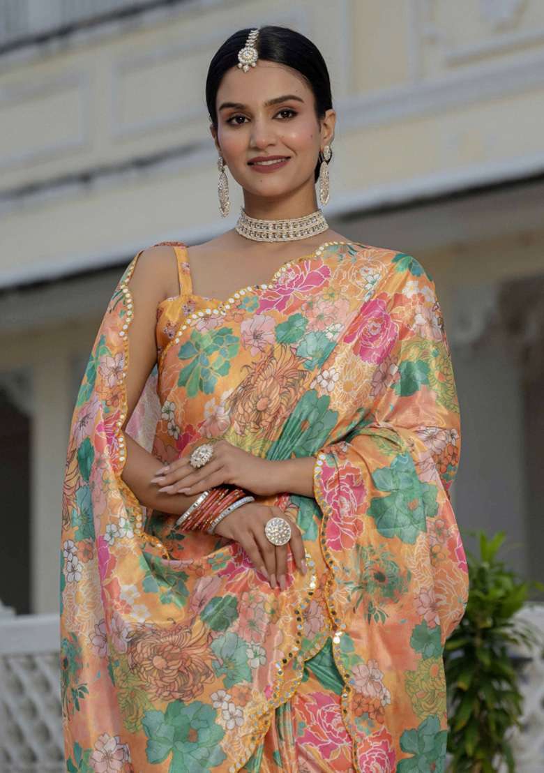 Orange Printed Chiffon Saree Set for Diwali and Festive Wear - Indya