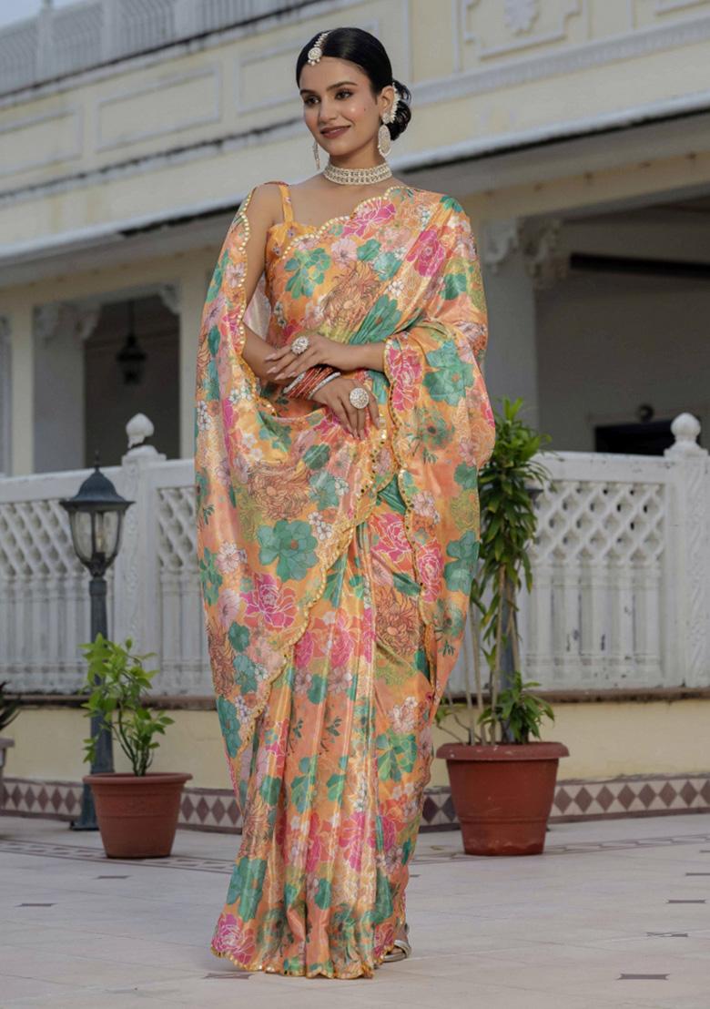Orange Printed Chiffon Saree Set - Indya