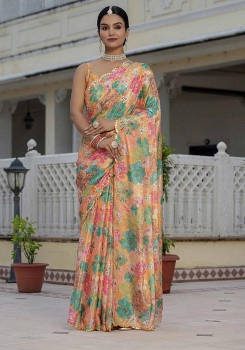 Orange Printed Chiffon Saree Set