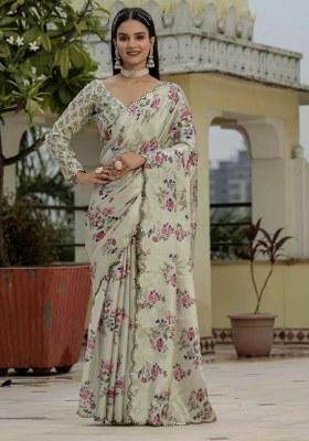 Grey Printed Chiffon Saree Set