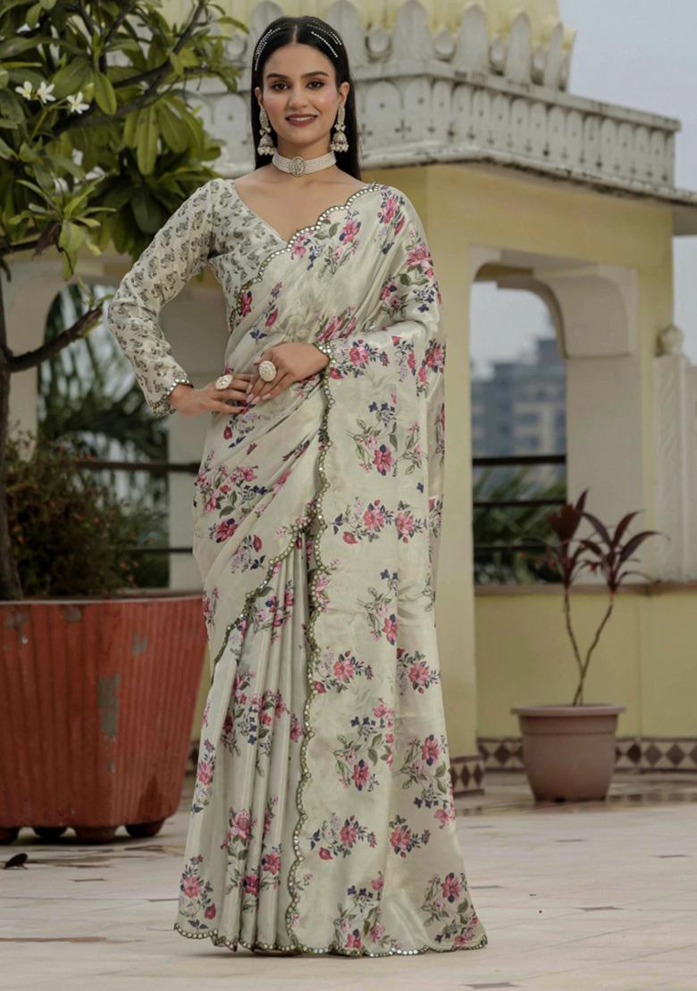 Grey Printed Chiffon Saree Set - Indya