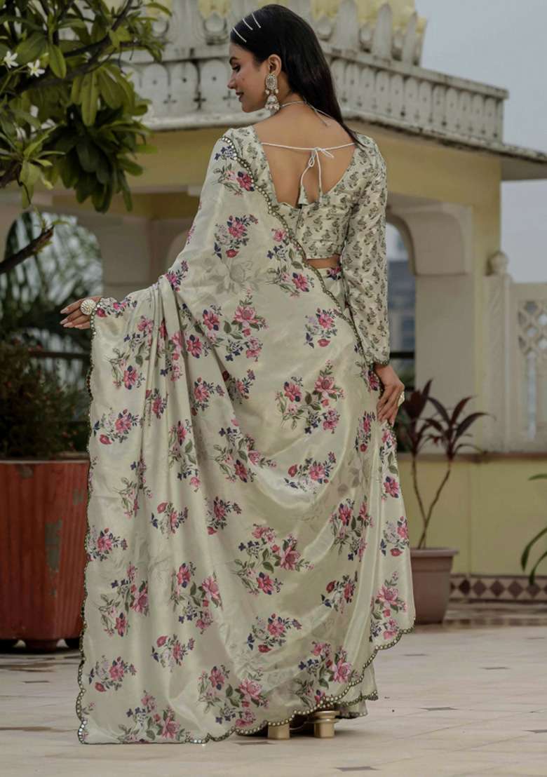 Grey Printed Chiffon Saree Set for Diwali and Festive Wear - Indya