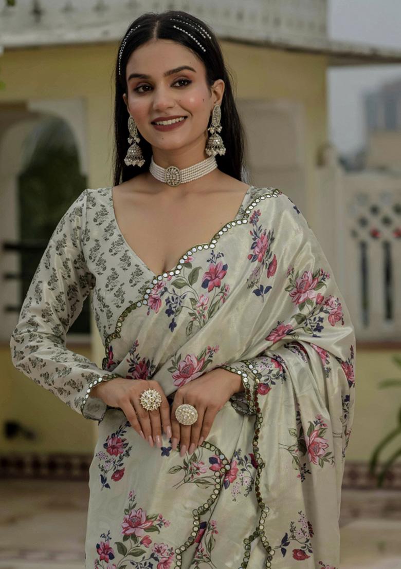 Grey Printed Chiffon Saree Set - Indya