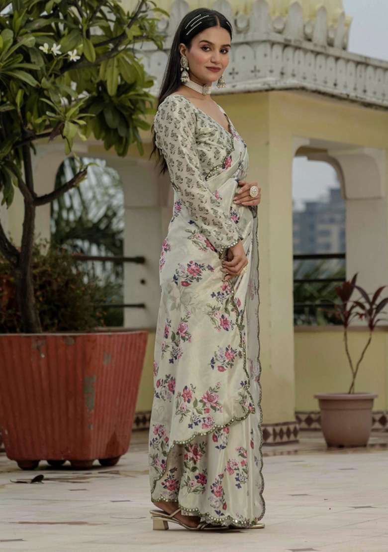 Grey Printed Chiffon Saree Set for Diwali and Festive Wear - Indya