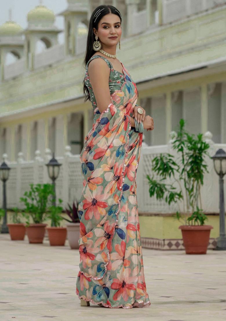 Green Printed Chiffon Saree Set - Indya